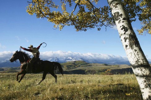 Cowboy en plein galop à travers les champs près de Telluride dans le Colorado