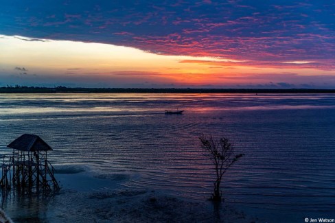 Dawn breaking over Lamu Bay, Kenya, Africa. Early morning light shimmering on the water, from Lamu Island across the channel to Manda Island. Silhouette of tree, fishing shack and boat. Copy space.