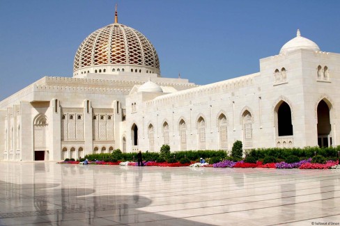 Exterior view of the Sultan Qaboos Grand Mosque on a sunny day, Wilayat Bawshar, Muscat Oman